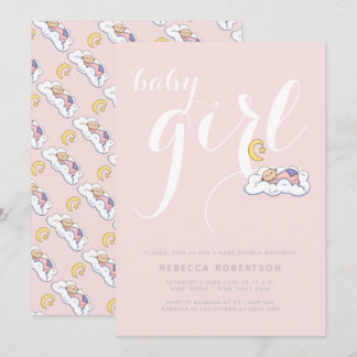 Invitation Bébé endormi douche blush rose typographie