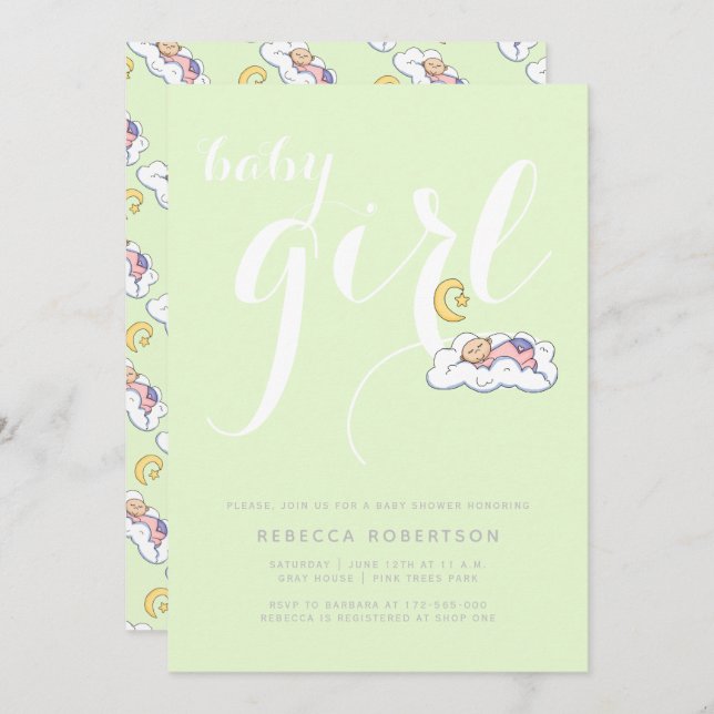 Invitation Bébé endormi douche vert pâle typographie (Devant / Derrière)