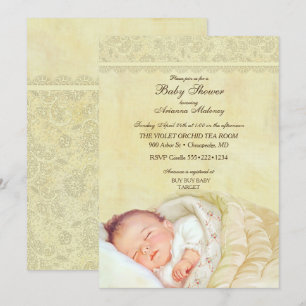 Invitation Bébé endormi vintage doux jaune pastel dentelle