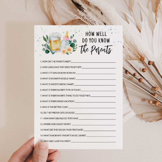 Invitation Bébé est en train de brasser À quel point connaiss (Beer and Floral Baby is Brewing Baby Shower How well do you know the Parents Game Card)