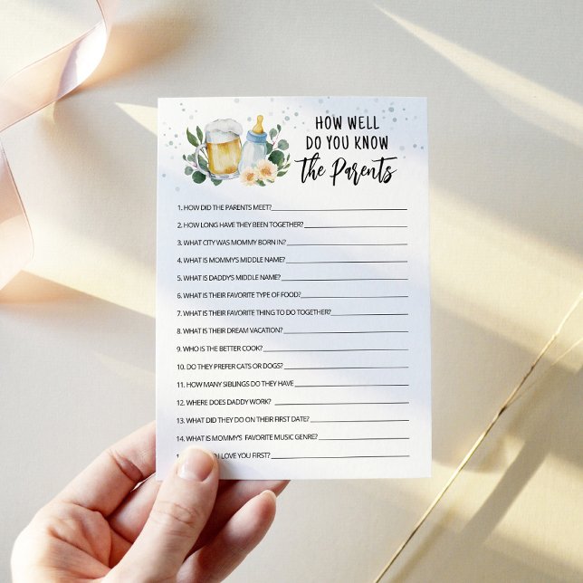 Invitation Bébé est en train de brasser À quel point connaiss (Beer and Floral Baby is Brewing Baby Shower How Well Do You Know the Parents Game Card)