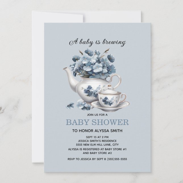 Invitation Bébé est en train de brasser Bleu Floral Garçon (Devant)