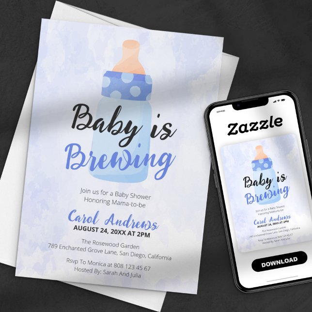 Invitation Bébé est en train de brasser Blue Bottle Aquarelle (Créateur téléchargé)