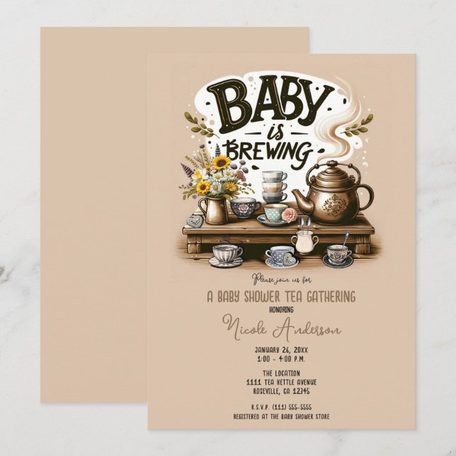 Invitation Bébé est en train de brasser Bouilloire à thé rust (Devant / Derrière)