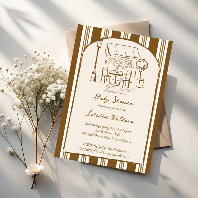 Invitation Bébé est en train de brasser café bebe shower bébé (Baby is brewing cafe bebe coffee baby shower invitation cards template vintage brown stripes invites)