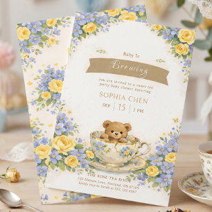 Invitation Bébé est en train de brasser l'ours floral bleu ja