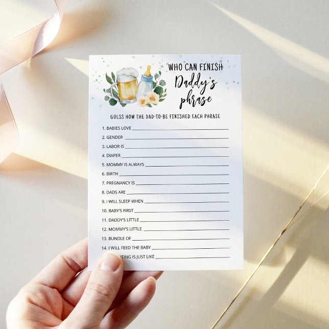 Invitation Bébé est en train de brasser Qui peut terminer la  (Beer and Floral Baby is Brewing Baby Shower Who Can Finish Daddy's Phrase Game Card)