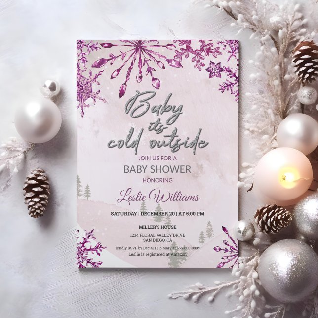 Invitation Bébé est froid en dehors Hiver rose bébé fille Dou (Baby is cold outside Winter Pink Baby Girl Shower Invitation)