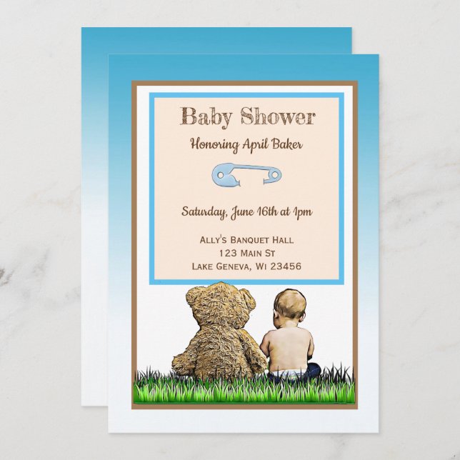 Invitation Bébé et ours en peluche garçons Baby shower Invita (Devant / Derrière)