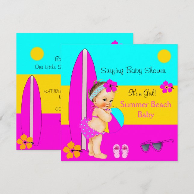 Invitation Bébé Été Fille Shower Plage Surf Brunette (Devant / Derrière)
