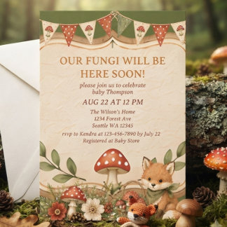 Invitation Bébé Fête Champignon Garçon Renard Bois