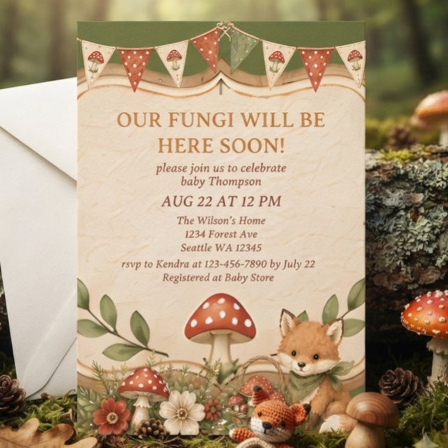 Invitation Bébé Fête Champignon Garçon Renard Bois (Créateur téléchargé)