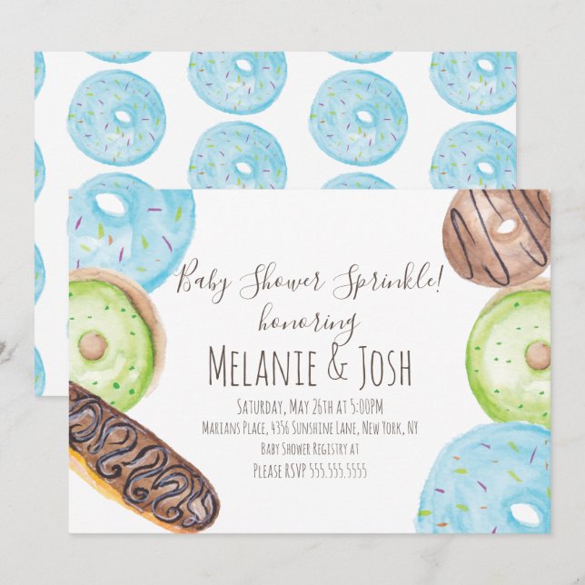 Invitation Bébé Fête de Gâteau Donut Aquarelle Sucré (Devant / Derrière)