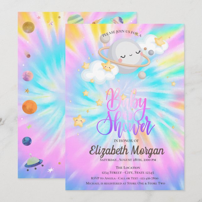 Invitation Bébé Fête Prénatale Tye-Dye Étoiles Espace Planète (Devant / Derrière)