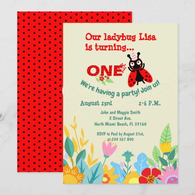 Invitation Bébé fille 1er anniversaire ladybug fête (Devant / Derrière)
