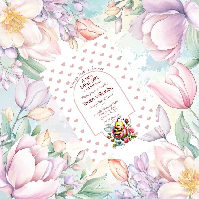 Invitation Bébé Fille Abeille Endormie Dans une Rose (Créateur téléchargé)