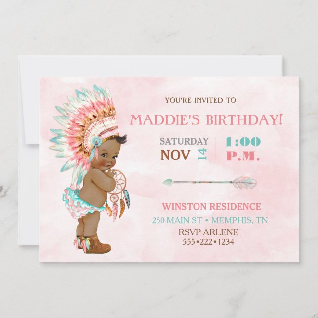 Invitation Bébé fille afro-américaine coiffe tribale Blush (Devant)