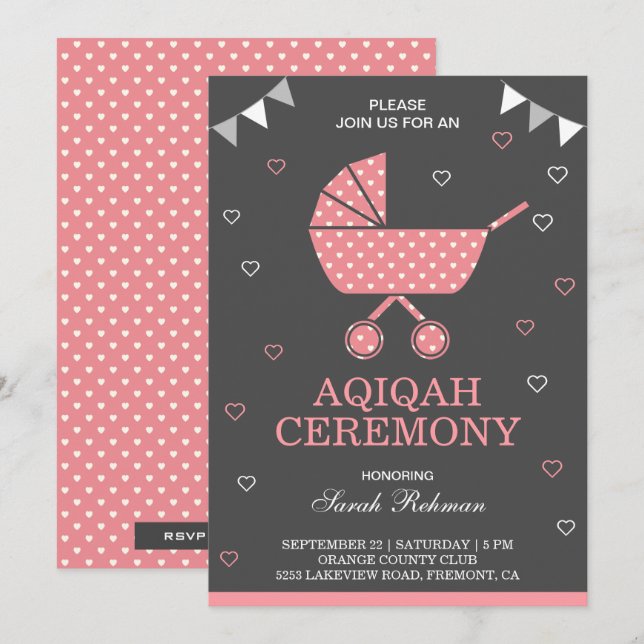 Invitation Bébé Fille Aqiqah Landau Rose Mignon (Devant / Derrière)