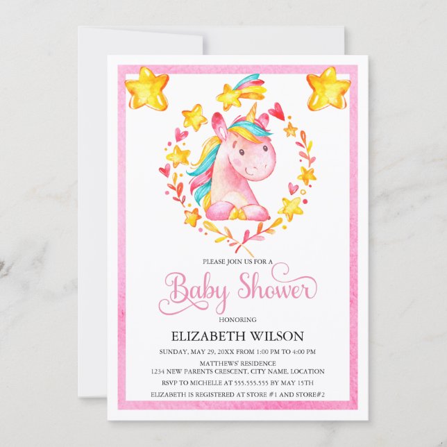 Invitation Bébé fille aquarelle Unicorn Baby shower (Devant)