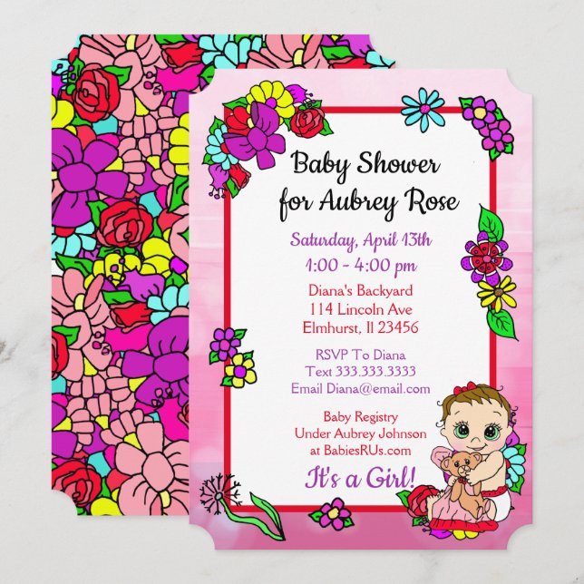 Invitation Bébé fille avec Baby shower rose ours en peluche (Devant / Derrière)