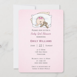 Invitation Bébé fille avec ours en peluche