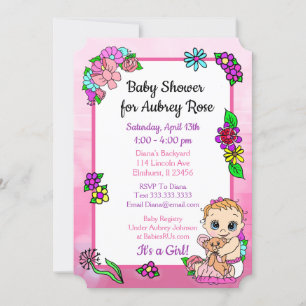 Invitation Bébé fille avec ours en peluche Baby shower rose F