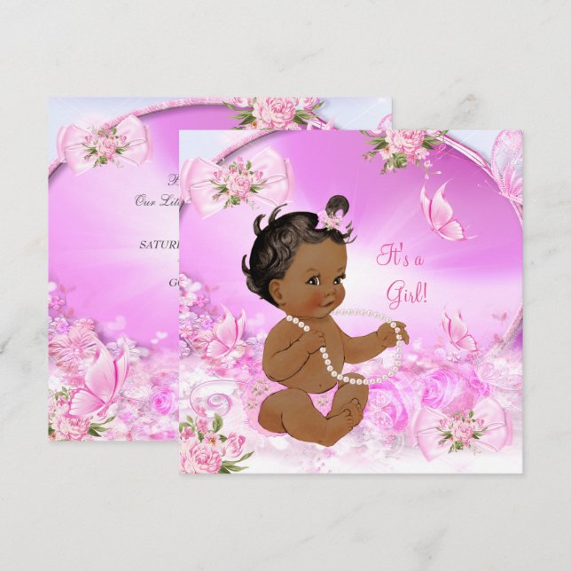 Invitation Bébé Fille Baby Shower Papillon Rose Ethnique (Devant / Derrière)