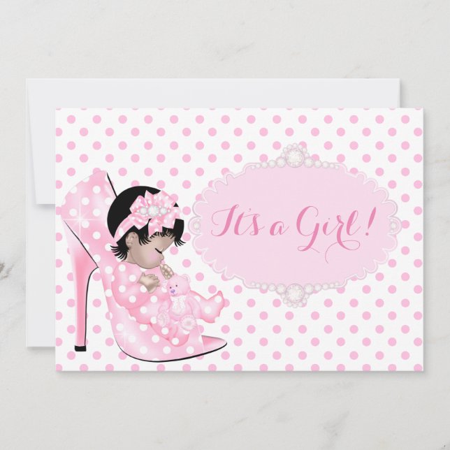 Invitation Bébé Fille Baby Shower Rose Blanc Points Asiatique (Devant)