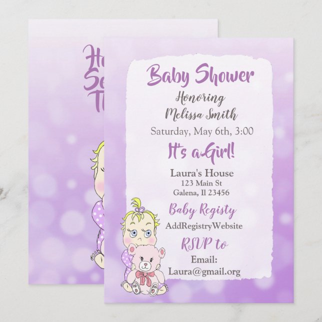 Invitation Bébé fille blonde avec un ours en peluche plus tap (Devant / Derrière)
