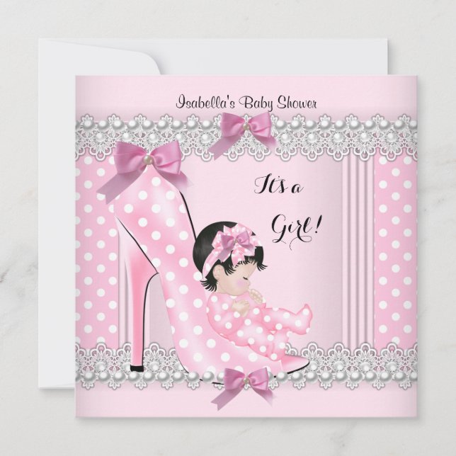 Invitation Bébé Fille Cadeau Baby Shower Rose Points Chaussur (Devant)