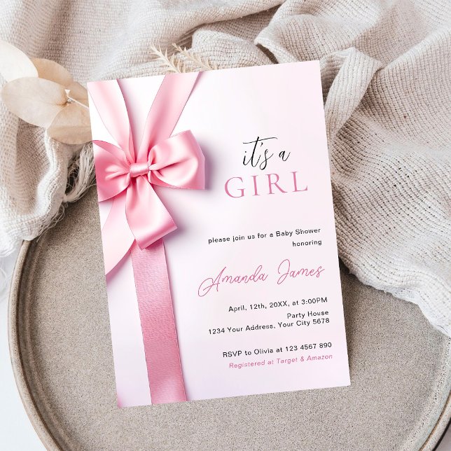 Invitation Bébé Fille Cadeau Ruban Rose (Créateur téléchargé)