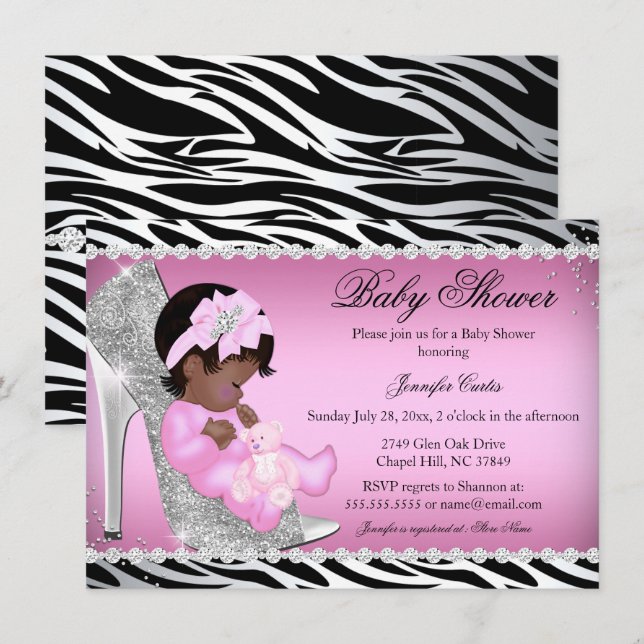 Invitation Bébé Fille Chaussure à Paillettes Baby Shower Ethn (Devant / Derrière)