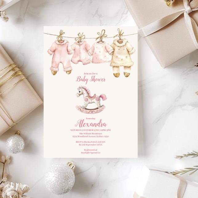 Invitation Bébé fille Cheval à Bascule de Noël Rose Baby Show (Créateur téléchargé)