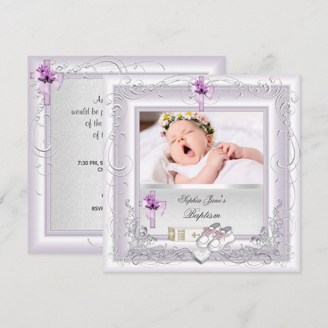 Invitation Bébé Fille Christening Baptême Blanc Lilac rose (Devant / Derrière)