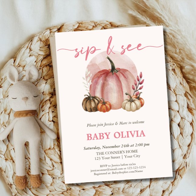 Invitation Bébé Fille Citrouille Rose Automne Sip Et Rencontr (Créateur téléchargé)