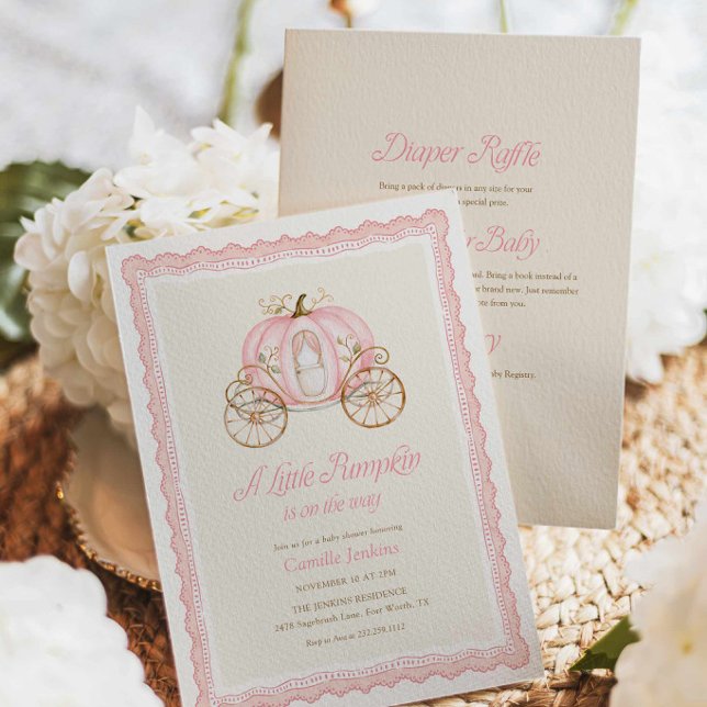 Invitation Bébé Fille Citrouille Rose Tout en Un (Baby girl fall baby shower invitation)