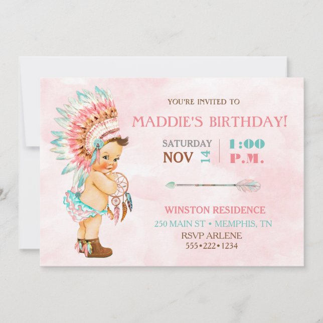 Invitation Bébé fille coiffe tribale indigène rose blush aqua (Devant)