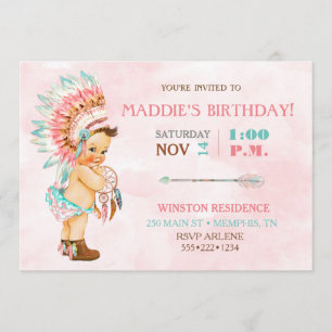 Invitation Bébé fille coiffe tribale indigène rose blush aqua