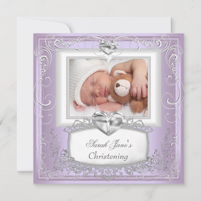 Invitation Bébé Fille Croix de Baptême Lilac Blanc (Devant)