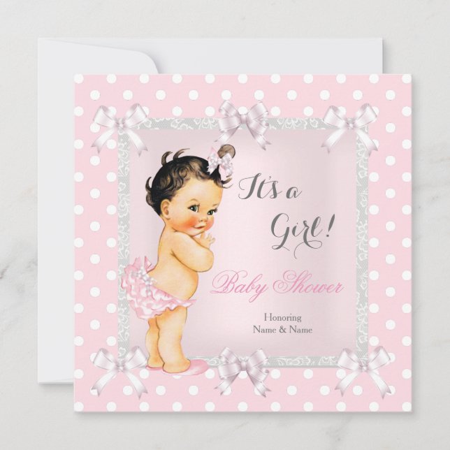 Invitation Bébé fille Cute Shower Rose Gris Brunette (Devant)