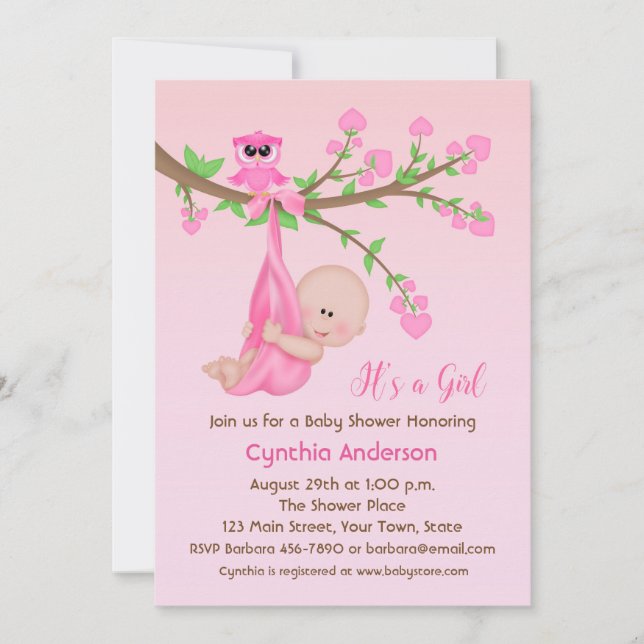 Invitation Bébé fille dans l'arbre, rose, Baby shower (Devant)