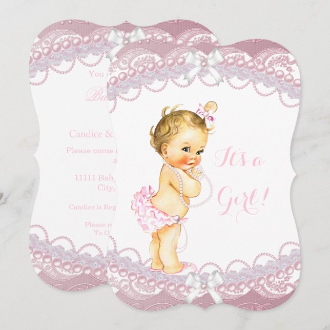 Invitation Bébé fille de douche Cute Perles de rose Lace Blon (Devant / Derrière)