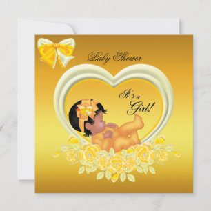 Invitation Bébé Fille de Fête de Naissance en Or Jaune Afro-A