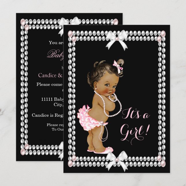 Invitation Bébé fille de shower mignon Colliers de perles ros (Devant / Derrière)