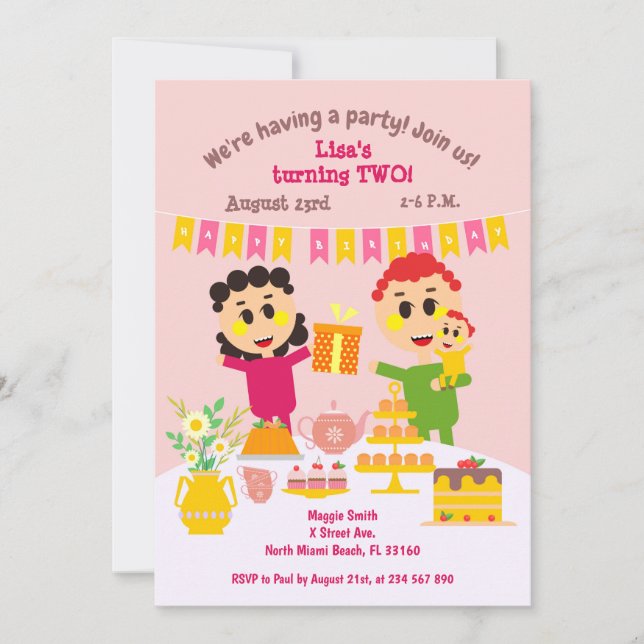 Invitation Bébé fille deuxième anniversaire gâteau doux invit (Devant)