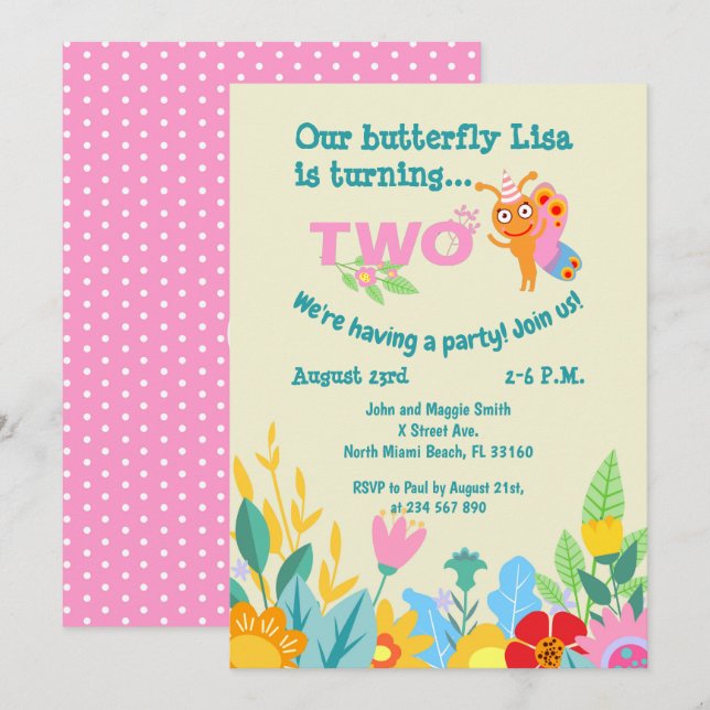 Invitation Bébé fille deuxième anniversaire papillon fête (Devant / Derrière)