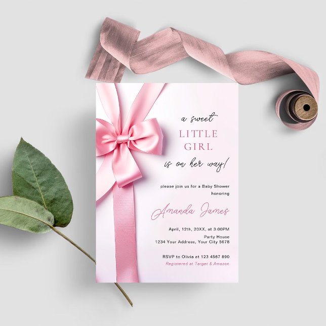 Invitation Bébé Fille Douce avec Ruban Rose (Créateur téléchargé)