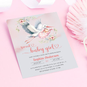 Invitation Bébé fille douche avec la cigogne Illustration - É