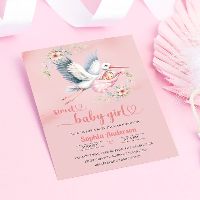 Invitation Bébé fille douche avec la cigogne Illustration - É (Créateur téléchargé)