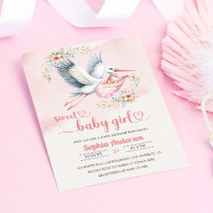 Invitation Bébé fille douche avec la cigogne Illustration - É